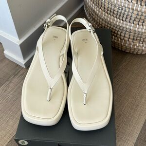 Zara Cream Leather Platform Thong Sandals size 39